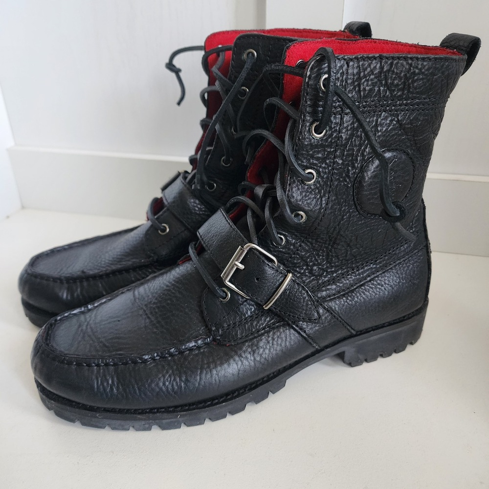 Polo Ralph Lauren Mens 10 D Ranger Black Pebbled Leather Moc Toe Combat Boots